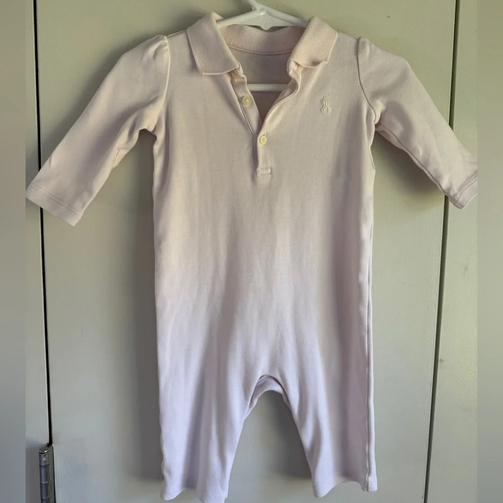 Ralph Lauren Baby Girls Long-Sleeve Polo Coverall, 6 mo, MSRP $40, delicate pink